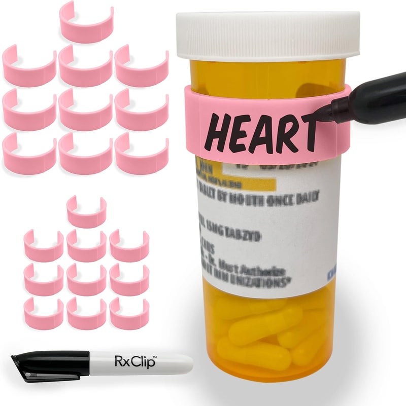 RxClip 20 Pack Medicine Bottle Label Clips for Easy Medication Identification - 20ct Multipack with Marker (Pink) - Image 1
